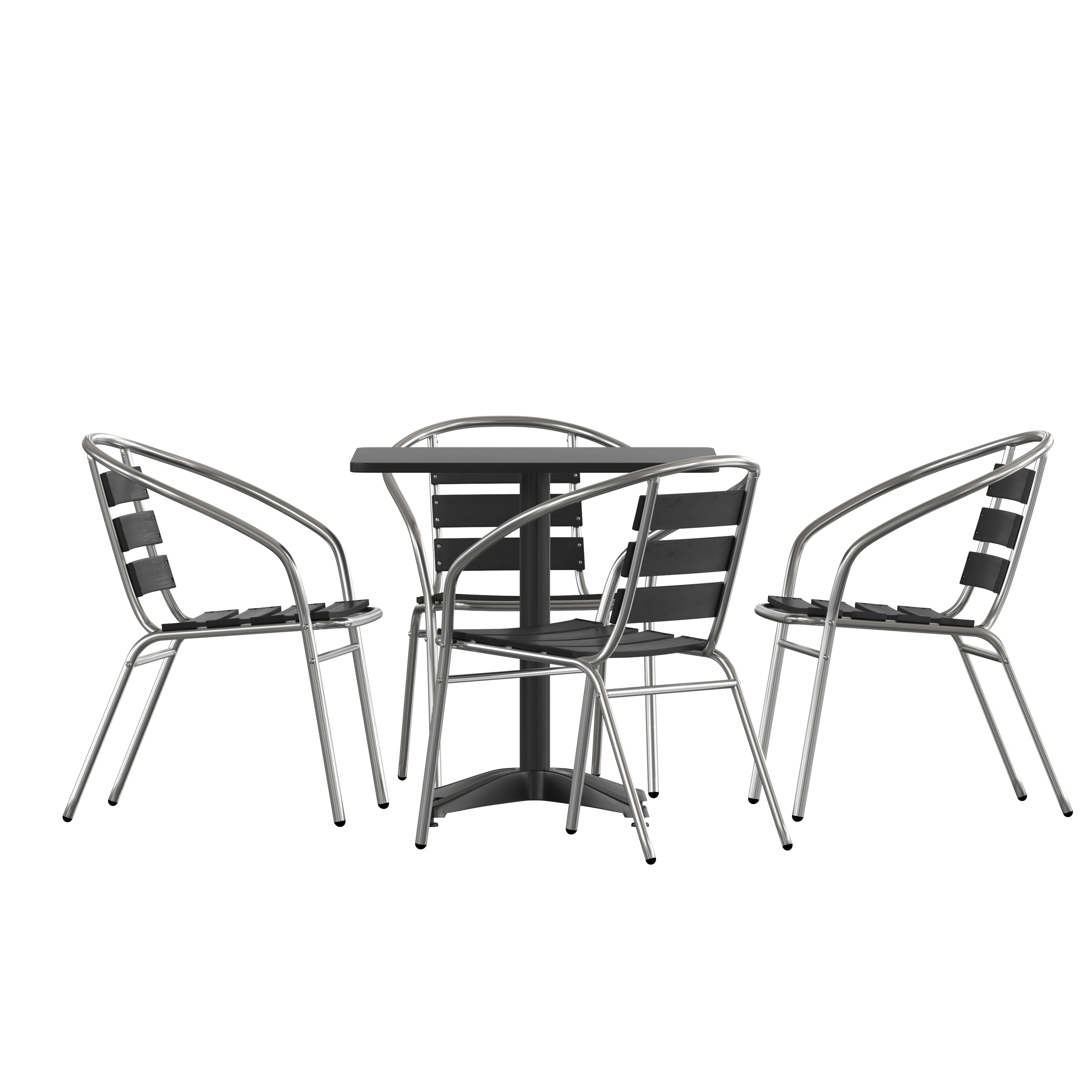 Flash Furniture TLH-ALUM-28SQ-017BK4-GG Indoor/Outdoor 27.5'' Black Square Aluminum Table with 4 Black Slat Back Chairs, 5 Piece Set