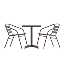 Flash Furniture TLH-ALUM-28SQ-017BZ2-GG Indoor/Outdoor 27.5'' Bronze Square Aluminum Table with 2 Bronze Slat Back Chairs, 3 Piece Set