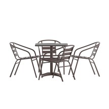 Flash Furniture TLH-ALUM-28SQ-017BZ4-GG Indoor/Outdoor 27.5'' Bronze Square Aluminum Table with 4 Bronze Slat Back Chairs, 5 Piece Set