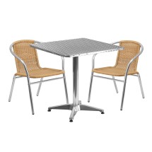 Flash Furniture TLH-ALUM-28SQ-020BGECHR2-GG Indoor/Outdoor 27.5'' Square Aluminum Table with 2 Beige Rattan Chairs, 3 Piece Set