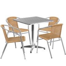 Flash Furniture TLH-ALUM-28SQ-020BGECHR4-GG Indoor/Outdoor 27.5'' Square Aluminum Table with 4 Beige Rattan Chairs, 5 Piece Set