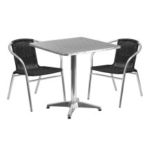 Flash Furniture TLH-ALUM-28SQ-020BKCHR2-GG Indoor/Outdoor 27.5'' Square Aluminum Table with 2 Black Rattan Chairs, 3 Piece Set