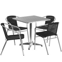 Flash Furniture TLH-ALUM-28SQ-020BKCHR4-GG Indoor/Outdoor 27.5'' Square Aluminum Table with 4 Black Rattan Chairs, 5 Piece Set