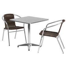 Flash Furniture TLH-ALUM-28SQ-020CHR2-GG Indoor/Outdoor 27.5'' Square Aluminum Table with 2 Dark Brown Rattan Chairs, 3 Piece Set