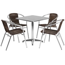 Flash Furniture TLH-ALUM-28SQ-020CHR4-GG Indoor/Outdoor 27.5'' Square Aluminum Table with 4 Dark Brown Rattan Chairs, 5 Piece Set