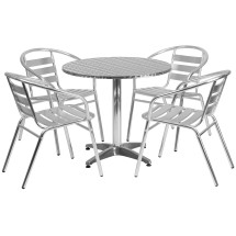 Flash Furniture TLH-ALUM-32RD-017BCHR4-GG Indoor/Outdoor 31.5'' Round Aluminum Table with 4 Slat Back Chairs, 5 Piece Set