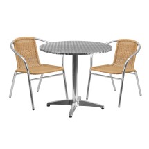 Flash Furniture TLH-ALUM-32RD-020BGECHR2-GG Indoor/Outdoor 31.5'' Round Aluminum Table with 2 Beige Rattan Chairs, 3 Piece Set
