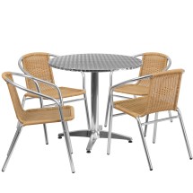 Flash Furniture TLH-ALUM-32RD-020BGECHR4-GG Indoor/Outdoor 31.5'' Round Aluminum Table with 4 Beige Rattan Chairs, 5 Piece Set