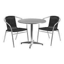 Flash Furniture TLH-ALUM-32RD-020BKCHR2-GG Indoor/Outdoor 31.5'' Round Aluminum Table with 2 Black Rattan Chairs, 3 Piece Set