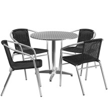 Flash Furniture TLH-ALUM-32RD-020BKCHR4-GG Indoor/Outdoor 31.5'' Round Aluminum Table with 4 Black Rattan Chairs, 5 Piece Set