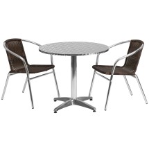 Flash Furniture TLH-ALUM-32RD-020CHR2-GG Indoor/Outdoor 31.5'' Round Aluminum Table with 2 Dark Brown Rattan Chairs, 3 Piece Set