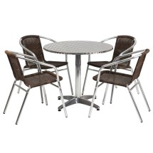 Flash Furniture TLH-ALUM-32RD-020CHR4-GG Indoor/Outdoor 31.5'' Round Aluminum Table with 4 Dark Brown Rattan Chairs, 5 Piece Set