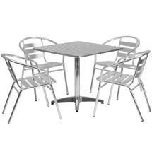 Flash Furniture TLH-ALUM-32SQ-017BCHR4-GG Indoor/Outdoor 31.5'' Square Aluminum Table with 4 Slat Back Chairs, 5 Piece Set