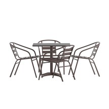 Flash Furniture TLH-ALUM-32SQ-017BZ4-GG Indoor/Outdoor 31.5'' Bronze Square Aluminum Table with 4 Bronze Slat Back Chairs, 5 Piece Set