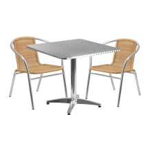 Flash Furniture TLH-ALUM-32SQ-020BGECHR2-GG Indoor/Outdoor 31.5'' Square Aluminum Table with 2 Beige Rattan Chairs, 3 Piece Set