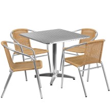 Flash Furniture TLH-ALUM-32SQ-020BGECHR4-GG Indoor/Outdoor 31.5'' Square Aluminum Table with 4 Beige Rattan Chairs, 5 Piece Set