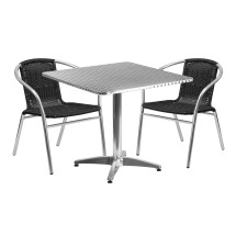 Flash Furniture TLH-ALUM-32SQ-020BKCHR2-GG Indoor/Outdoor 31.5'' Square Aluminum Table with 2 Black Rattan Chairs, 3 Piece Set
