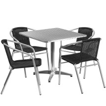 Flash Furniture TLH-ALUM-32SQ-020BKCHR4-GG Indoor/Outdoor 31.5'' Square Aluminum Table with 4 Black Rattan Chairs, 5 Piece Set