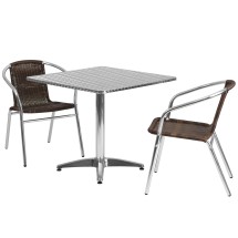 Flash Furniture TLH-ALUM-32SQ-020CHR2-GG Indoor/Outdoor 31.5'' Square Aluminum Table with 2 Dark Brown Rattan Chairs, 3 Piece Set