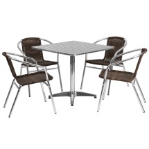 Flash Furniture TLH-ALUM-32SQ-020CHR4-GG Indoor/Outdoor 31.5'' Square Aluminum Table with 4 Dark Brown Rattan Chairs, 5 Piece Set