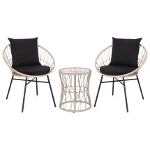 Flash Furniture TW-VN017-18-TAN-BK-GG Indoor/Outdoor Papasan Style Tan Rattan Rope Chairs, Glass Top Side Table & Black Cushions, 3-Piece Set