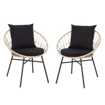 Flash Furniture TW-VN017-TAN-BK-GG Indoor/Outdoor Papasan Patio Chairs, Tan PE Wicker Rattan with Black Cushions, Set of 2 