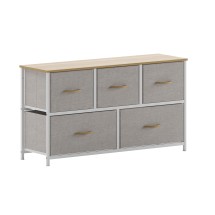 Flash Furniture WX-5L206-W-WH-BG-GG 5 Drawer White Frame Vertical Oak Wood Top Dresser with Beige Fabric Drawers