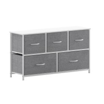 Flash Furniture WX-5L206-W-WH-GR-GG 5 Drawer White Wood Top White Frame Vertical Storage Dresser with Gray Fabric Drawers