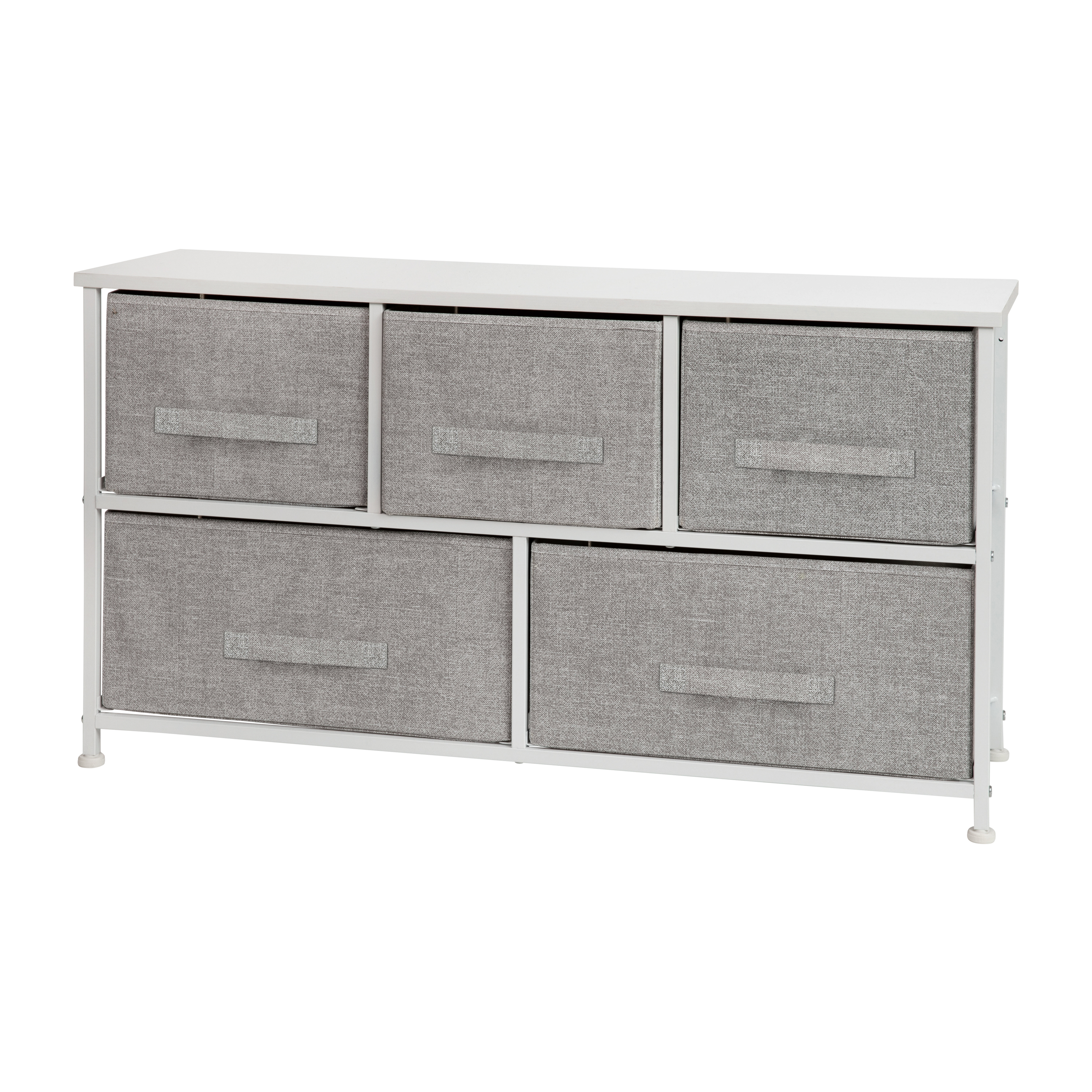 Flash Furniture WX-5L206-X-WH-GR-GG 5 Drawer Wood Top White Frame Vertical Storage Dresser with Light Gray Fabric Drawers
