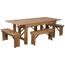 Flash Furniture XA-FARM-1-GG 7' x 40'' Antique Rustic Folding Farmhouse Table with Four Benches Set