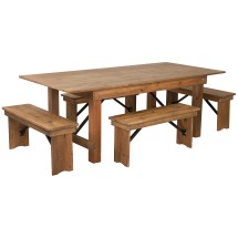 Flash Furniture XA-FARM-1-GG 7' x 40'' Antique Rustic Folding Farmhouse Table with Four Benches Set