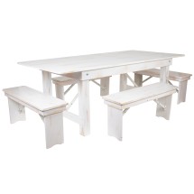 Flash Furniture XA-FARM-1-WH-GG 7' x 40&quot; Antique Rustic White Folding Farmhouse Table with Four Benches Set