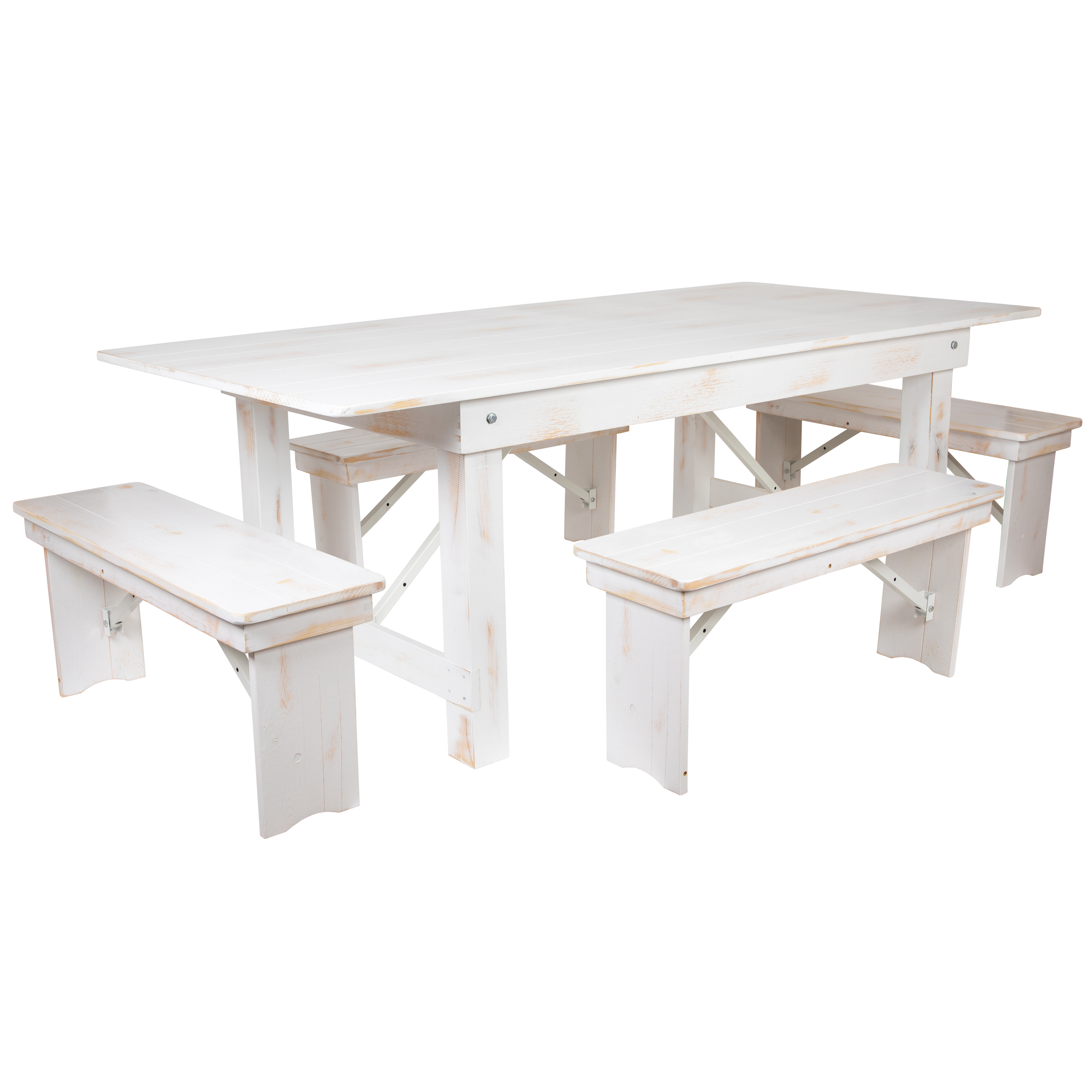 Flash Furniture XA-FARM-1-WH-GG 7' x 40" Antique Rustic White Folding Farmhouse Table with Four Benches Set