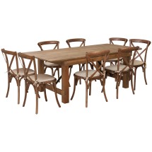 Flash Furniture XA-FARM-10-GG 7' x 40'' Antique Rustic Folding Farmhouse Table Set with 8 Cross Back Chairs and Cushions