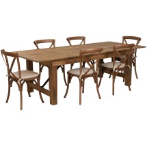 Flash Furniture XA-FARM-11-GG 8' x 40'' Antique Rustic Folding Farmhouse Table Set with 6 Cross Back Chairs and Cushions