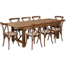 Flash Furniture XA-FARM-12-GG 8' x 40'' Antique Rustic Folding Farmhouse Table Set with 8 Cross Back Chairs and Cushions