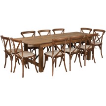 Flash Furniture XA-FARM-13-GG 8' x 40'' Antique Rustic Folding Farmhouse Table Set with 10 Cross Back Chairs and Cushions