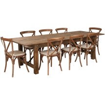 Flash Furniture XA-FARM-14-GG 9' x 40'' Antique Rustic Folding Farmhouse Table Set with 8 Cross Back Chairs and Cushions