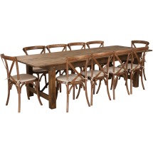 Flash Furniture XA-FARM-15-GG 9' x 40'' Antique Rustic Folding Farmhouse Table Set with 10 Cross Back Chairs and Cushions