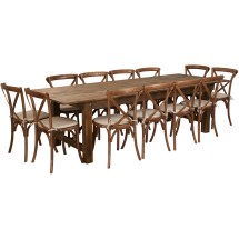 Flash Furniture XA-FARM-16-GG 9' x 40'' Antique Rustic Folding Farmhouse Table Set with 12 Cross Back Chairs and Cushions