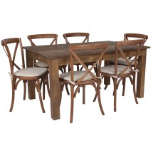 Flash Furniture XA-FARM-19-GG 60" x 38" Antique Rustic Farmhouse Table Set with 6 Cross Back Chairs and Cushions