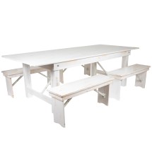 Flash Furniture XA-FARM-2-WH-GG 8' x 40&quot; Antique Rustic White Folding Farmhouse Table with Four 40.25&quot;L Benches Set