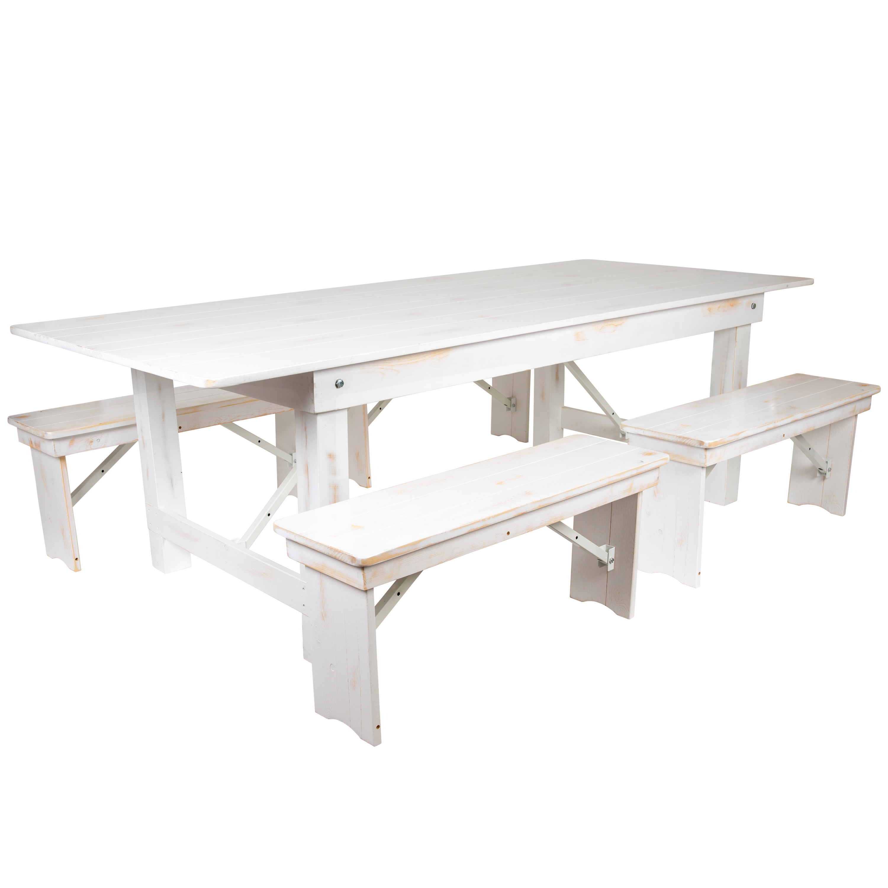 Flash Furniture XA-FARM-2-WH-GG 8' x 40" Antique Rustic White Folding Farmhouse Table with Four 40.25"L Benches Set