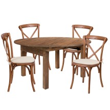 Flash Furniture XA-FARM-20-GG 60&quot; Round Solid Pine Folding Farmhouse Dining Table Set with 4 Cross Back Chairs and Cushions