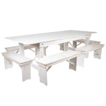 Flash Furniture XA-FARM-3-WH-GG 8' x 40&quot; Antique Rustic White Folding Farmhouse Table with Six Benches Set