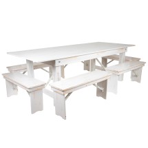Flash Furniture XA-FARM-3-WH-GG 8' x 40" Antique Rustic White Folding Farmhouse Table with Six Benches Set