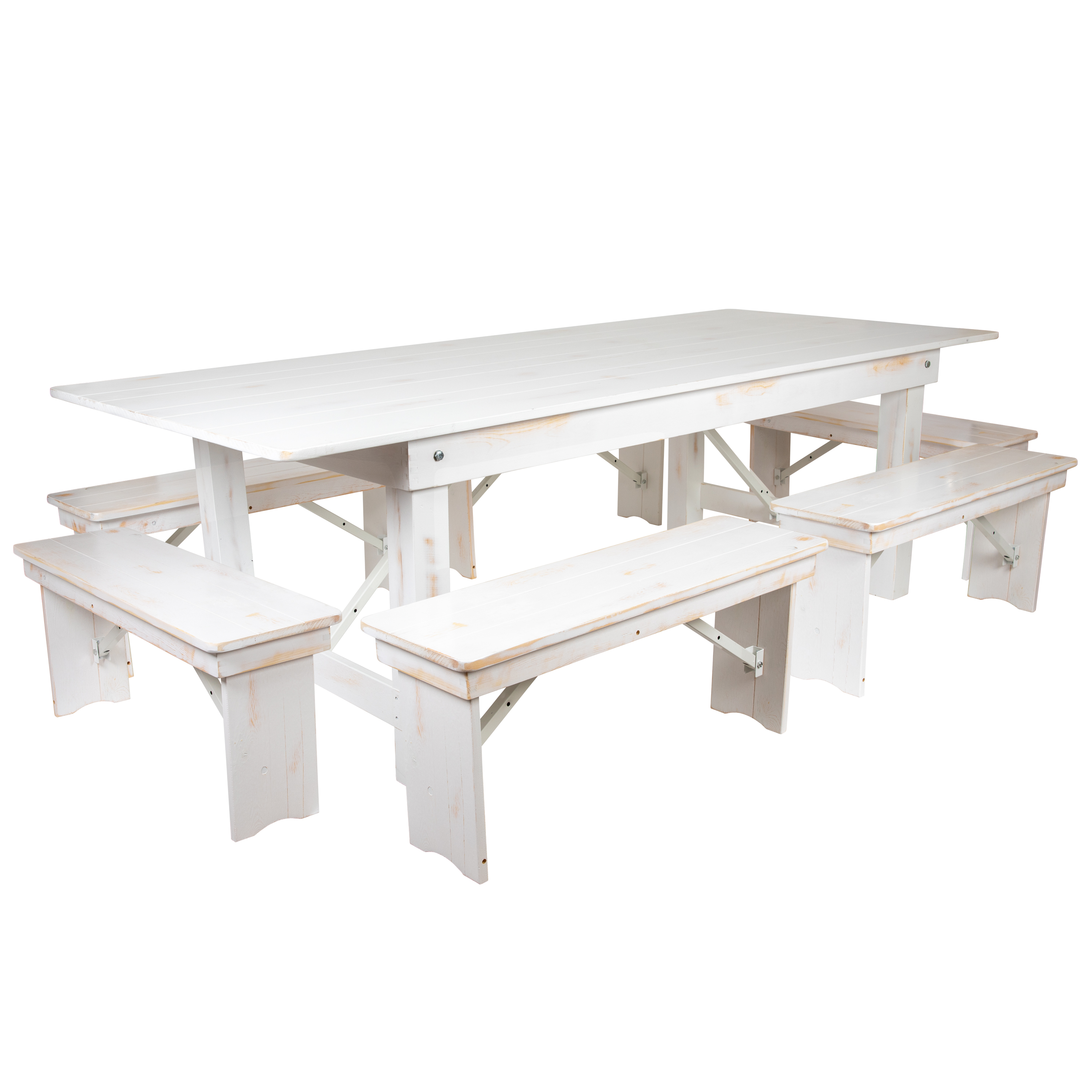 Flash Furniture XA-FARM-3-WH-GG 8' x 40" Antique Rustic White Folding Farmhouse Table with Six Benches Set