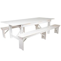 Flash Furniture XA-FARM-4-WH-GG 8' x 40&quot; Antique Rustic White Folding Farmhouse Table with Two Benches Set