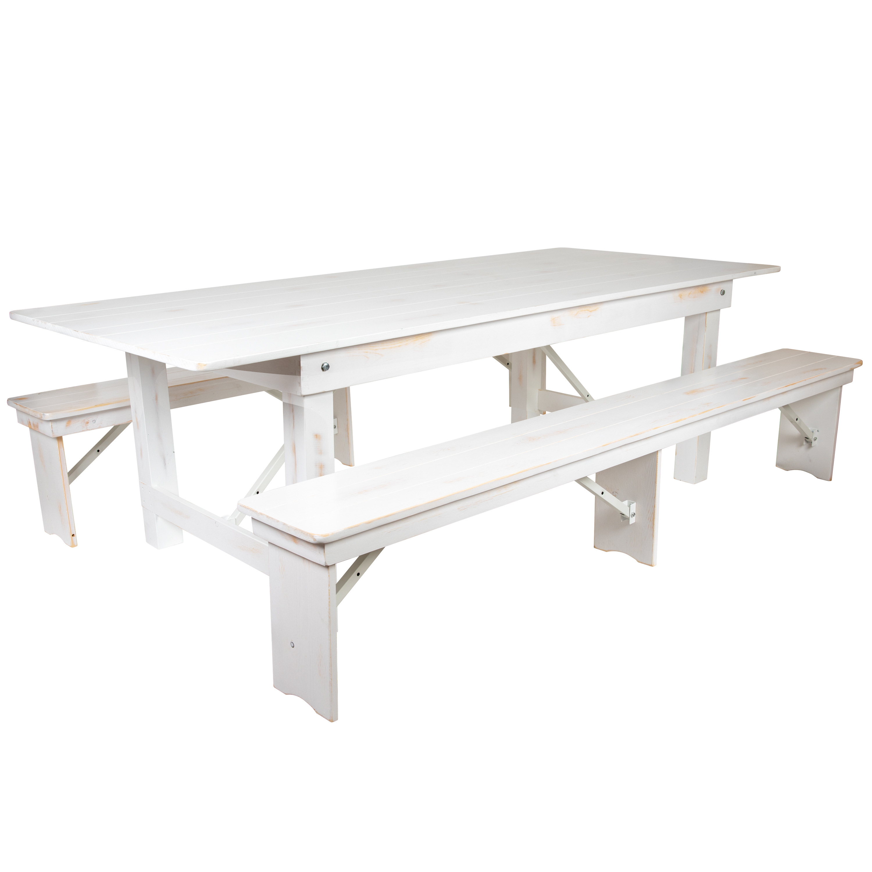 Flash Furniture XA-FARM-4-WH-GG 8' x 40" Antique Rustic White Folding Farmhouse Table with Two Benches Set