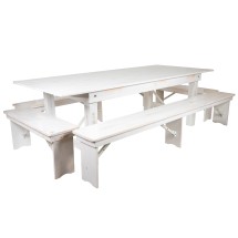 Flash Furniture XA-FARM-5-WH-GG 8' x 40&quot; Antique Rustic White Folding Farmhouse Table with Four Benches Set